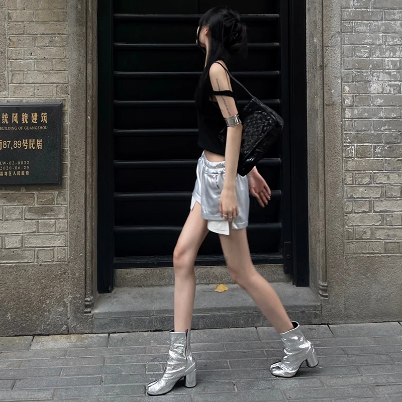 New Silver Tabi Ankle Boots Women Round High Heels Women Split Toe Boots Women Shoes Botas De Mujer Fashion Zapatos De Mujer