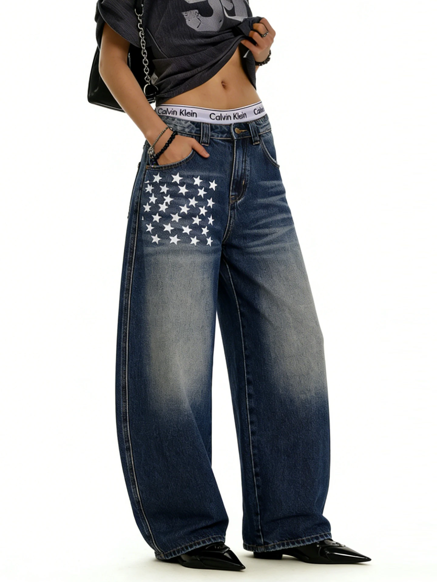 

XPKAEAX American Style Star Print Denim Jeans Women Summer New Cool Washed Outdated Knife Long Pants Wide Leg Natural Waist