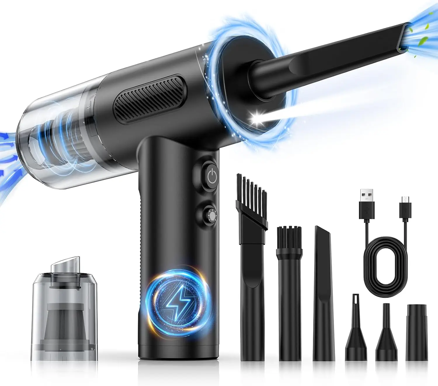 منفاخ هواء مضغوط 100000 دورة في الدقيقة منفاخ هواء كهربائي محمول ومكنسة كهربائية للسيارة، منظف لوحة مفاتيح قابل للتعديل بثلاثة تروس مع ضوء LED