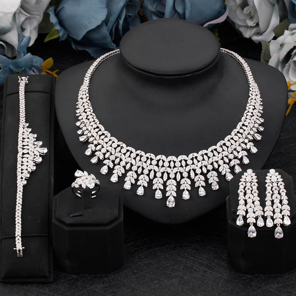 Bride Talk Luxury 4 PCS Jewelry Sets Cubic Zirconia  Tassels Design Dubai Women Wedding Engagement High Quality Jewelry