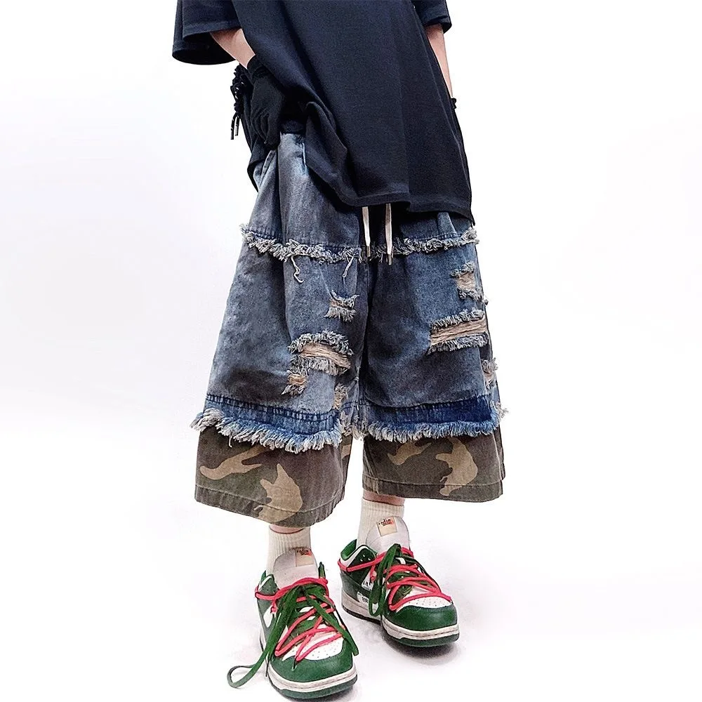 

Камуфляжные джинсовые шорты, мужские уличные шорты в стиле хип-хоп, рваные брюки длиной до колена, Harajuku, винтажные мешковатые повседневные короткие мужские шорты