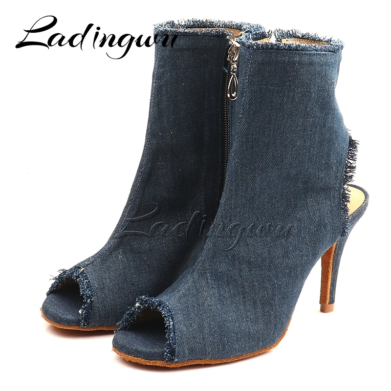 Ladingwu 2022 New Dance Shoes Denim Classic Blue Latin Samba Cha Cha Dance Shoes Heel Cutout Design Fashion Dance Boots