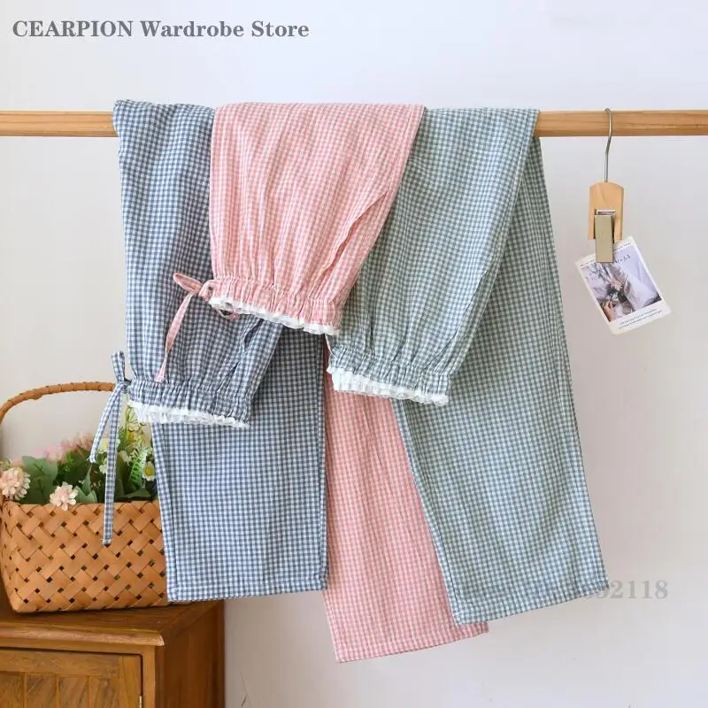 

Японские клетчатые хлопковые спальные штаны, новинка 2026, женские штаны для сна, свободные повседневные пижамные штаны, женская домашняя одежда, ночное белье