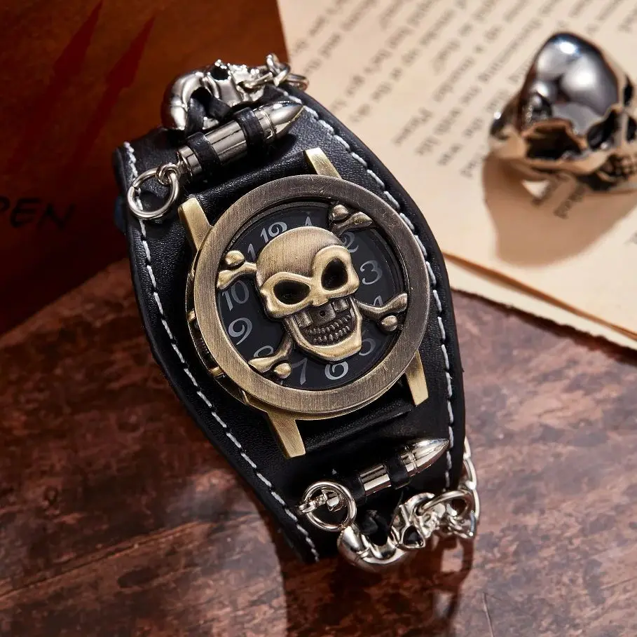 Anime Skull Round Pointer Quartz Watch Grunge Punk Gothic Halloween Cosplay Analog PU Leather Bracelet Watch For Women Men