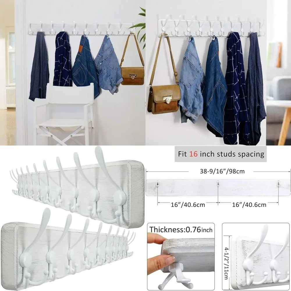 

Настенная деревянная вешалка для одежды с 10 тройными крючками, большая белая вешалка в деревенском стиле для пальто, одежды и курток, 2 шт.