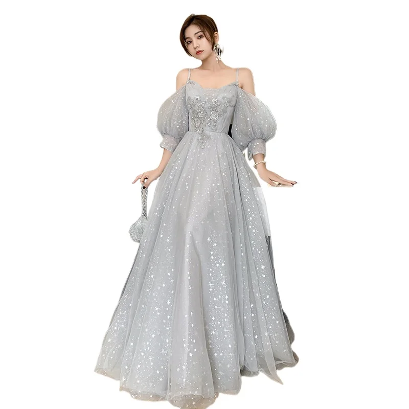 Temperament lantern sleeve sequin fairy dress elegant long