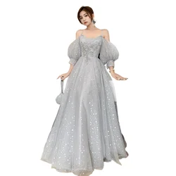 Temperament lantern sleeve sequin fairy dress elegant long