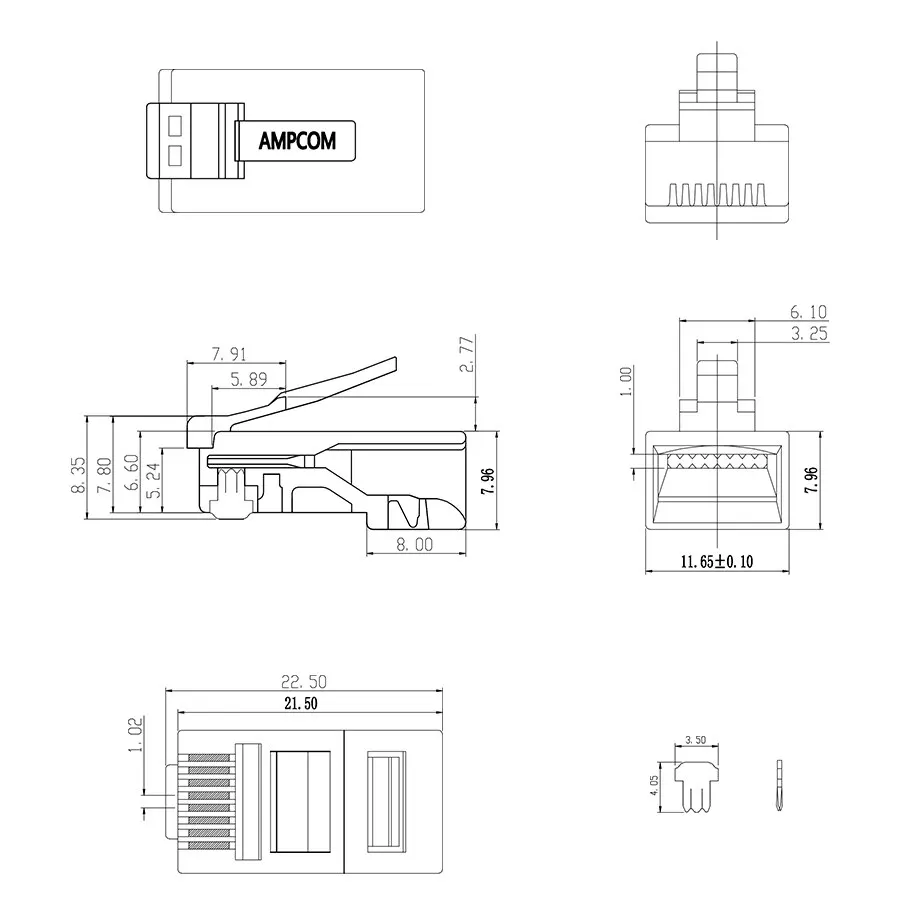 AMPCOM CAT5e RJ45 Connector 8P8C Modular Ethernet Cable RJ 45 Ends Lan Cable 50u Gold Plated Crimp Connectors UTP Network Plug