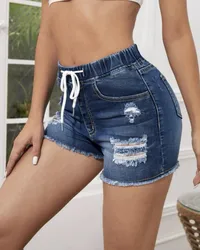 2025 Summer New Women Elastic Waist Ripped Denim Shorts Fashion High Stretch Skinny Sexy Tassel Shorts Jeans S-2XL