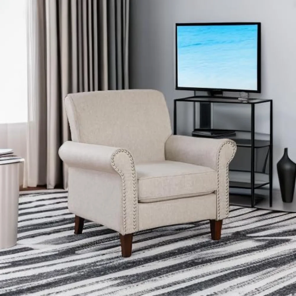 Большой удобный тканевый стул с акцентом для гостиной — мягкий диван с подушкой, свернутыми подлокотниками и отделкой гвоздями