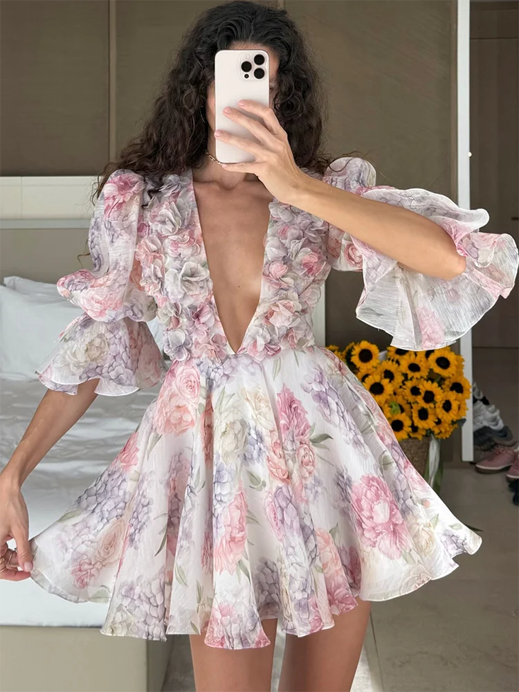 

French Elegant Chic Chiffon Mini Dress Pink Floral Women Summer Party Vocation Beach Flare Sleeve V-neck Sexy Ladies Gown New