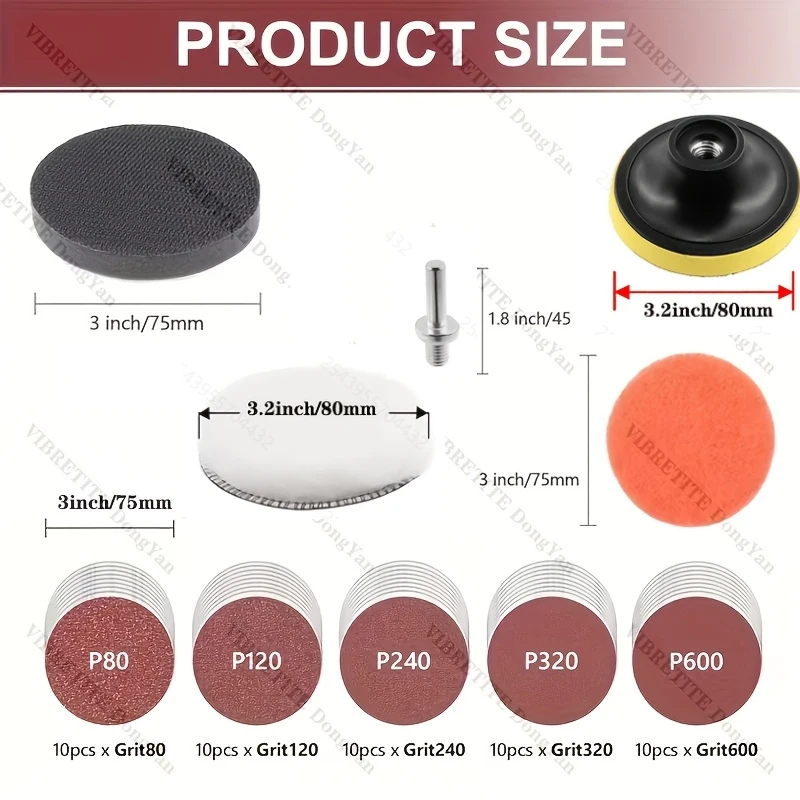 3 Inch 75MM Hook and Loop Sandpaper Kit 65Pcs with Foam Polishing Pad Backing Pad Scouring Pad for Car Buffer Polisher ﻿