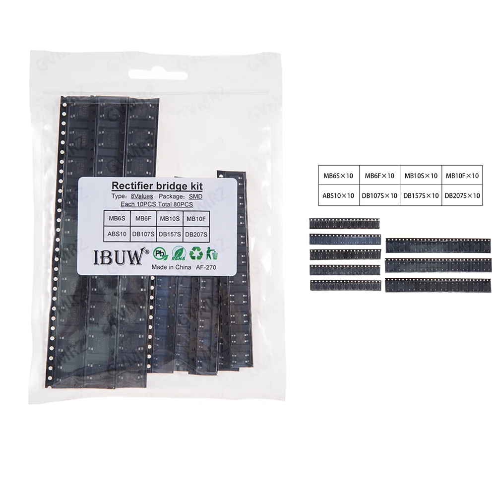 80PCS 8Values SMD Rectifier Bridge Kit MB6S for AC-DC Power Conversion & Electronic Circuit Repair Projects MB6F/MB10S