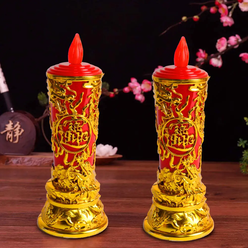 1Pair Chinese Electric Candles LED Lamps Flameless Lights Decor for Buddhism Worship Sacrifice Party Aromatherapy