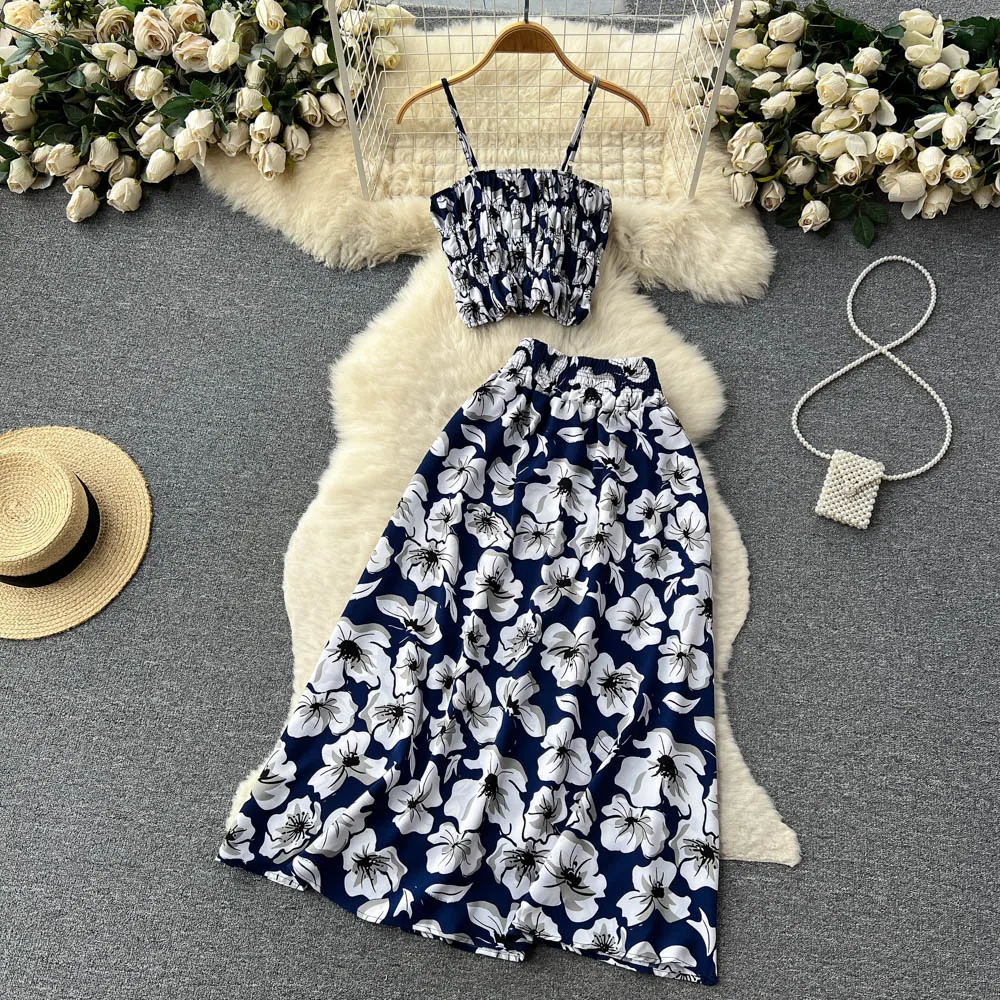 YuooMuoo Women Dress Set 2023 New Summer Vacation Fashion Floral Print Straps Crop Tops + Long Skirts Outfits Beach 2Pcs Suits