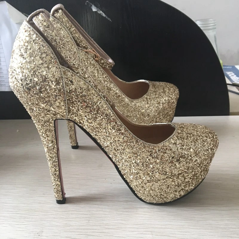 REAVE CAT 13.5cm Stiletto Ultra high heels Glitter Pumps Platform Ankle strap Buckle Gold Bridal Shoes party US12