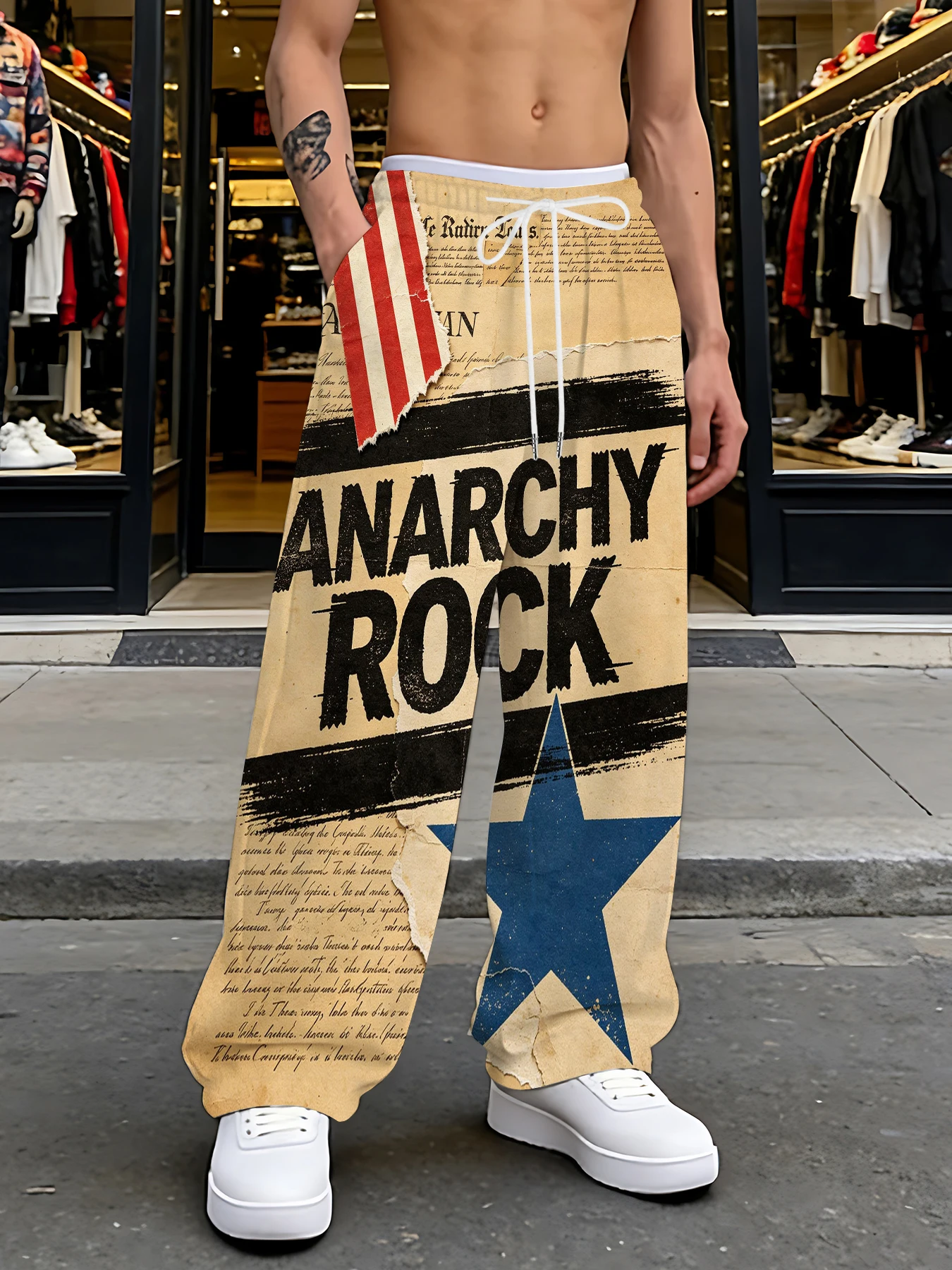 

2026 Men's Printed Straight Leg Pants Abstract Wave Pattern Drawstring Waist Loose Fit Summer Beach Casual Lightweight Pants