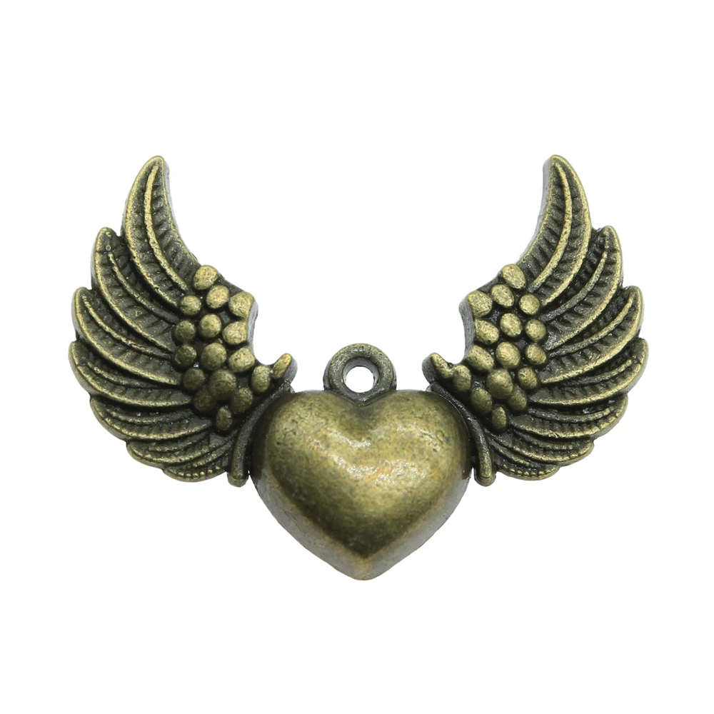 WYSIWYG 4pcs 36x27mm Vintage Heart With Angel Wing Charms For Jewelry Making Antique Bronze Color & Black Heart Wing Charms