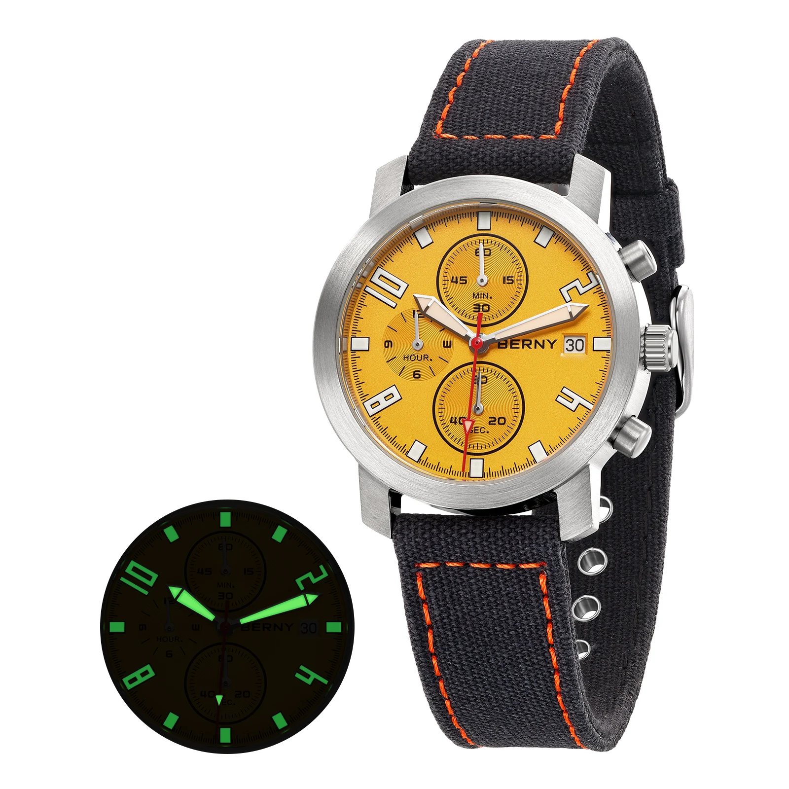 BERNY Chronograph Watches for Men Green Luminous Small Dial Multifunction Lightweight Men's Watch Sapphire 5ATM Waterproof