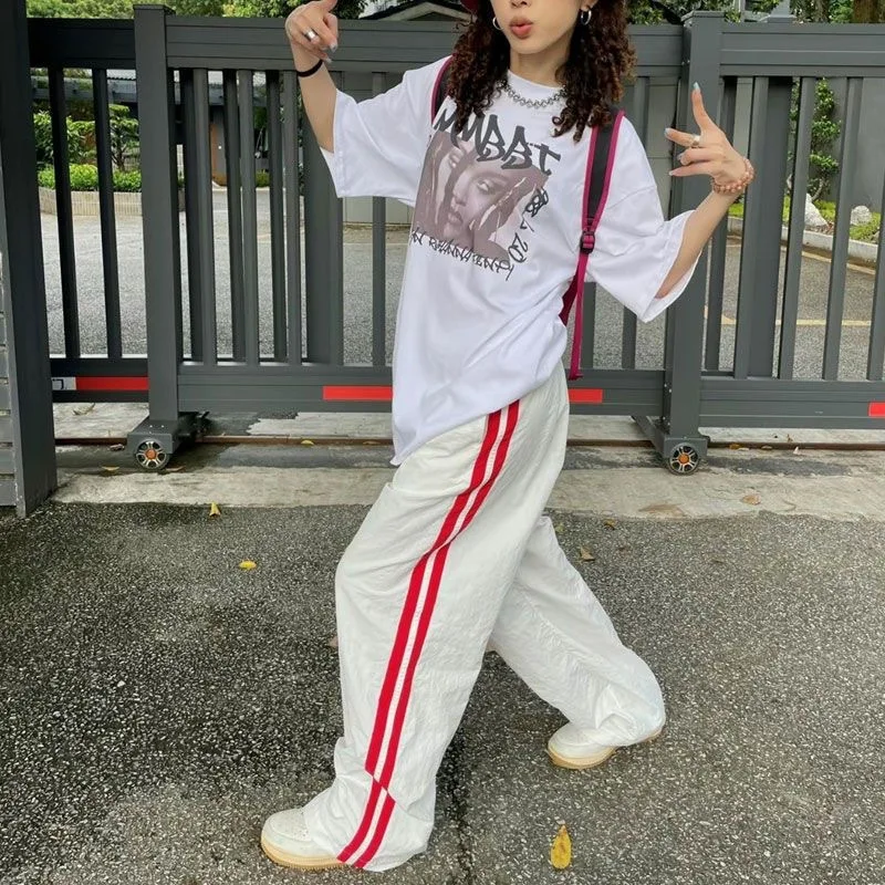 Y2K Casual Harajuku Pantalon Femmes Japonais Streetwear Rayé Oversize Baggy Jogging Pantalon de Survêtement Large