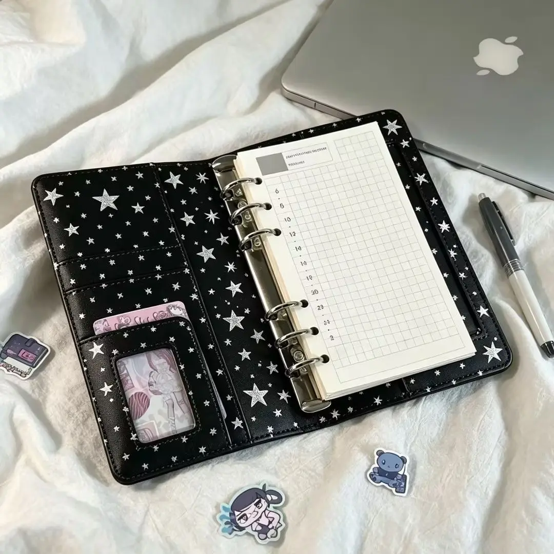 A6 Retro White Polka Dots Black Star With 45 Sheets Inner Page DIY PU Clip-on Notebook Loose Leaf Notebook - view 3