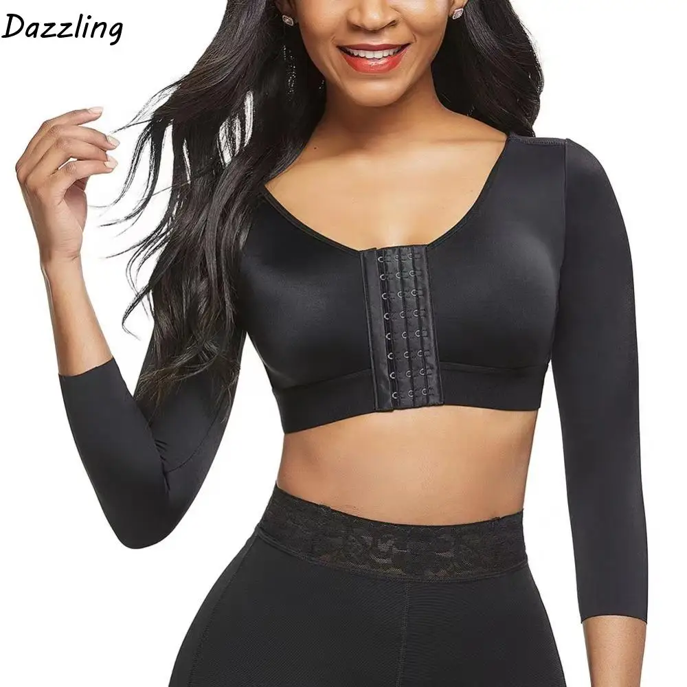 

Нижнее белье для коррекции фигуры с контролем живота, регулируемый спортивный бюстгальтер для йоги с крючками, бесшовный формирователь тела с рукавом семь четвертей после родов