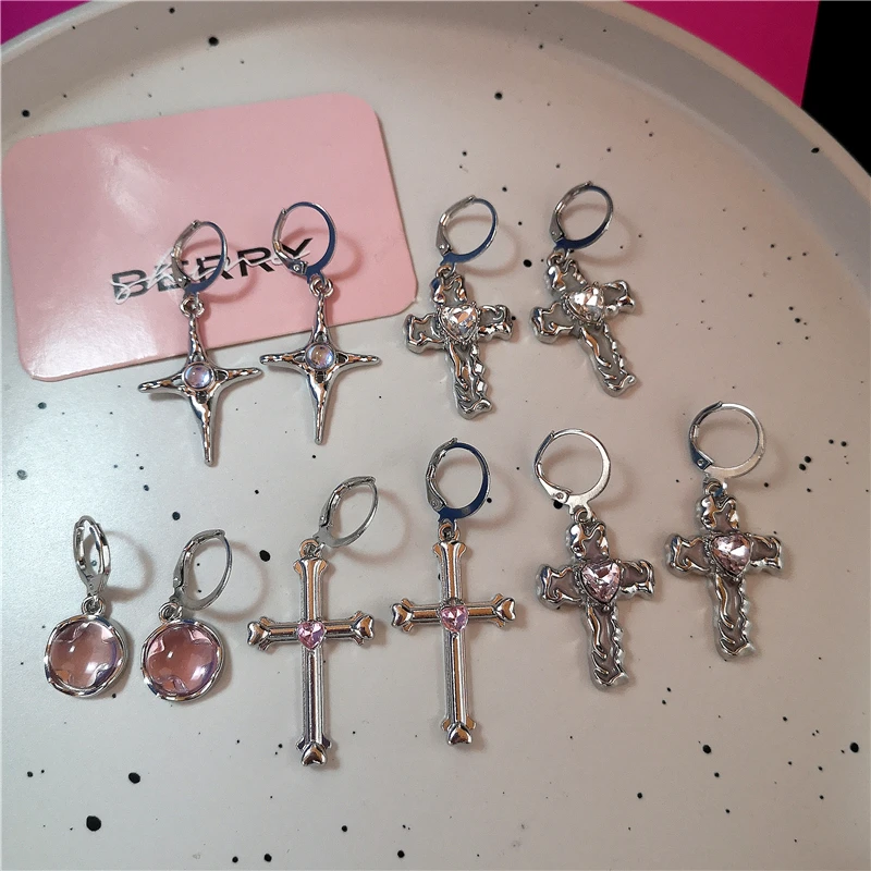 Korean Fashion Y2K Gothic Cool Pink Rhinestone Zircon Cross Star Pendant Earrings For Women Girl Vintage Jewelry EMO Accessories