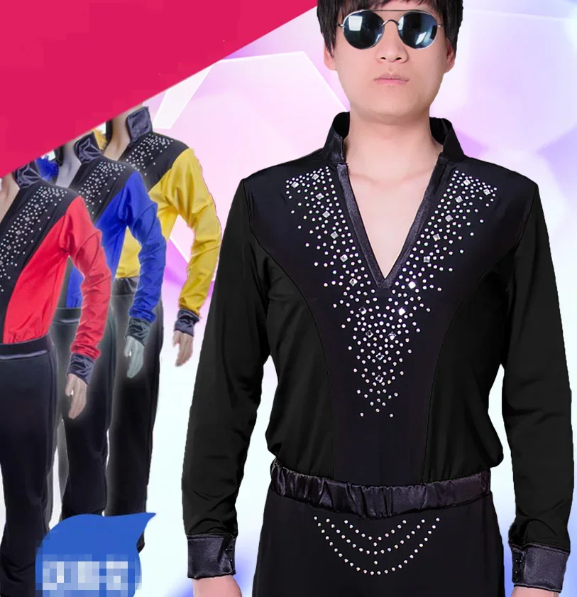 남성용 라틴 댄스 셔츠, 긴팔 V넥 스팽글 다이아몬드 상의, 볼룸 셔츠, 연습복, 대회 댄스 의류