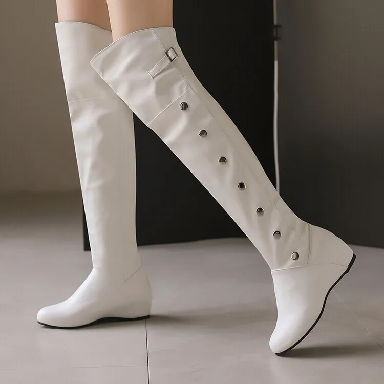 

Rivet White Women Knee High Boots Round Toe Height-increasing Comfort Boots