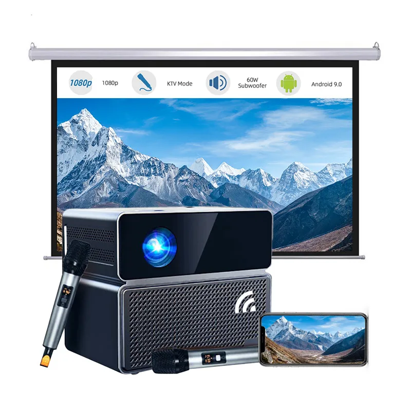 

E900 1080p Full HD Karaoke Projector 2 Microphones 500 Ansi Android 9.0 Home Theater Mobile KTV Features WIFI LED Lamp