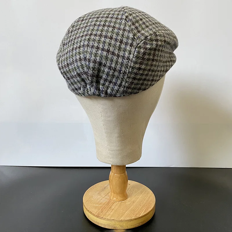 Gray Plaid Newsboy Hat Wool Womens Mens Ivy Cap Cabbie Driver Hat Autumn Winter Flat Hats Vintage Gatsby Beret 49