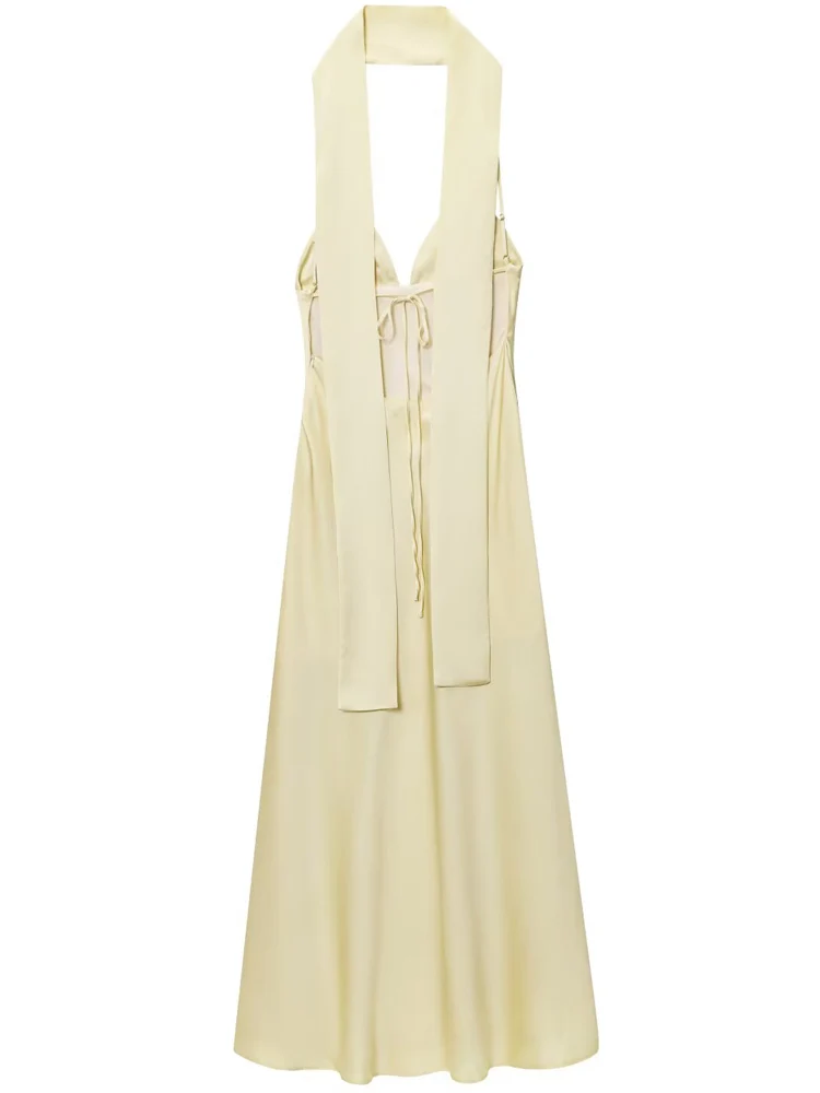 HXAO 2025 Women's Dress Satin Halter Dress Summer Elegant Party Prom Evening Dresses Chic Slip Thin Scarf Maxi Backless Vestidos