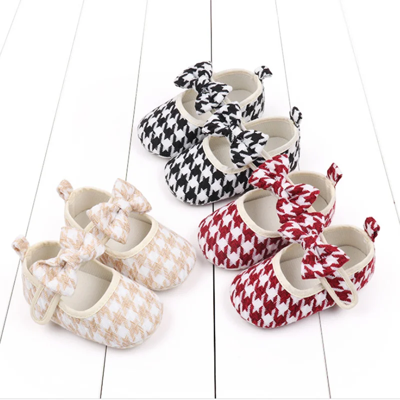 Baby Girl Mary Jane Flats with Bow Breathable Soft Plaid Princess Shoes Infant Walking Shoes for Party Weddings