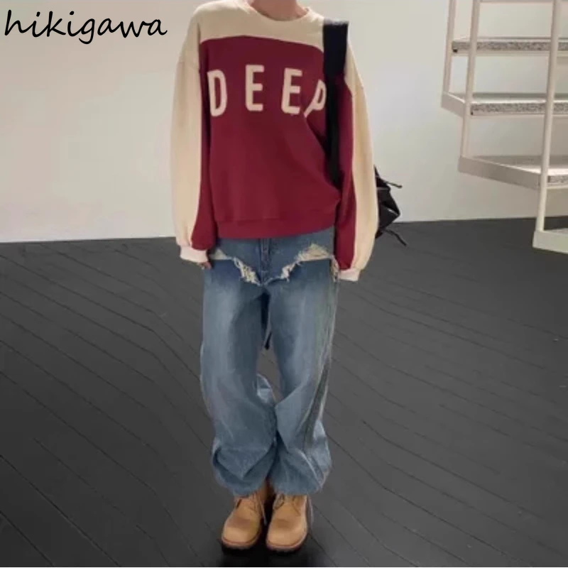 Vintage y2k jeans feminino streetwear moda calças de perna larga coreano casual pantalon femme retalhos buraco calças jeans retas