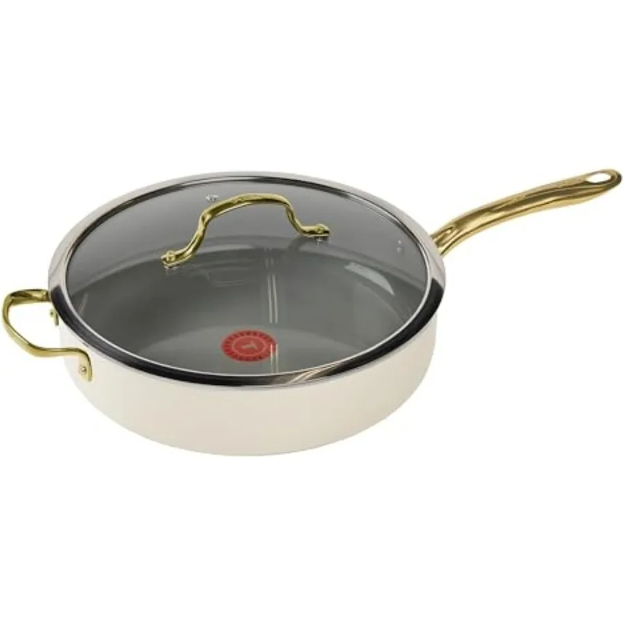 

Beige Ceramic Nonstick Saute Pan with Lid 5.5 Qt Oven and Broiler Safe up to 350F Ideal for Everyday Cooking Frying Simmering a
