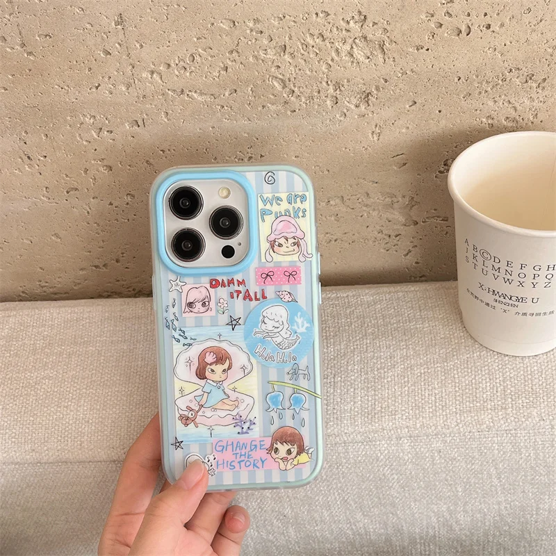 حالة الهاتف | فتاة قذيفة مخططة زرقاء | كارتون مخطط | أفضل هدية لصديق | مناسبة آيفون 11 12 13 14 15 16 17 برو ماكس #3