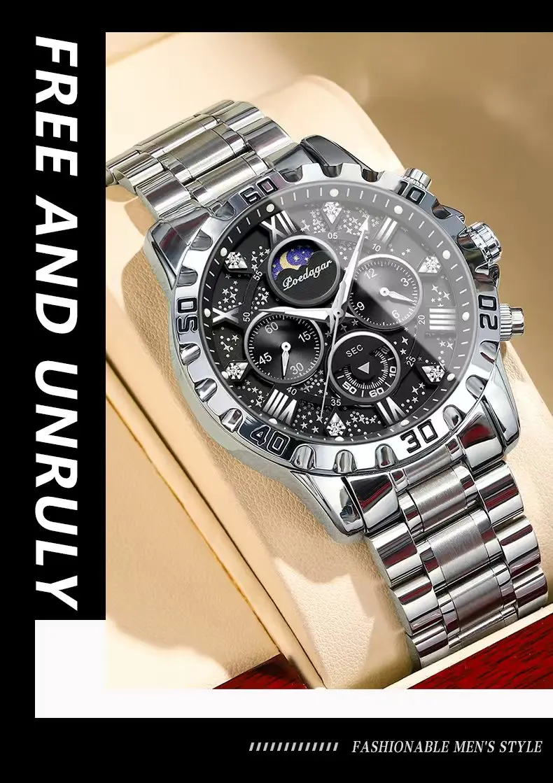 POEDAGAR Luxus Mann Uhr Wasserdicht Leucht Edelstahl Quarz herren Armbanduhr Chronograph Militär Uhren Für Männer Reloj – Detail 16