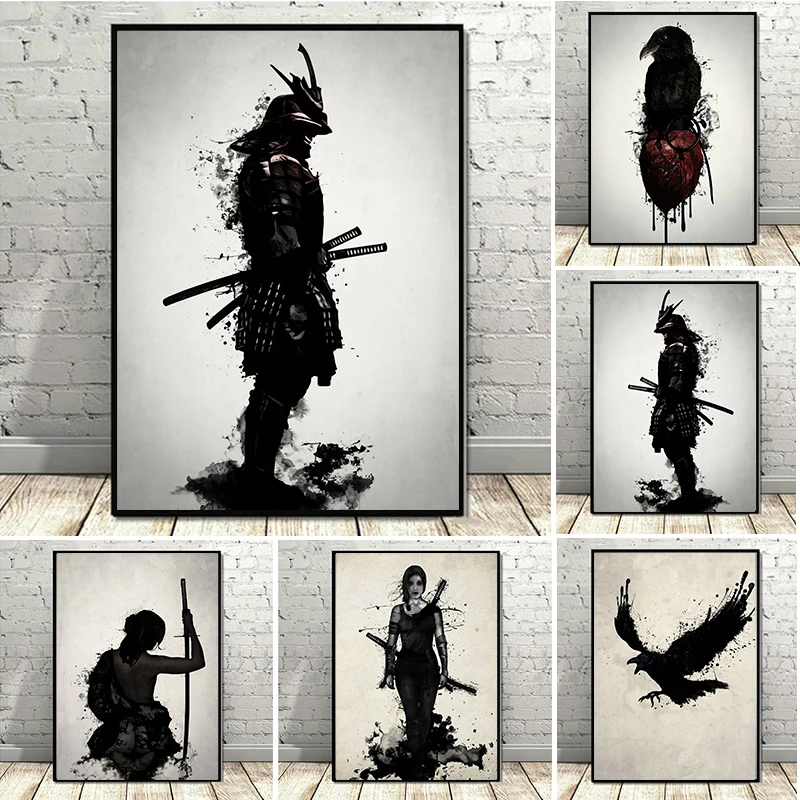 Black And White Japanese Armored Samurai Owl Raven And Skull Poster Prints Canvas Painting Wall Art For Living Room Home Decor