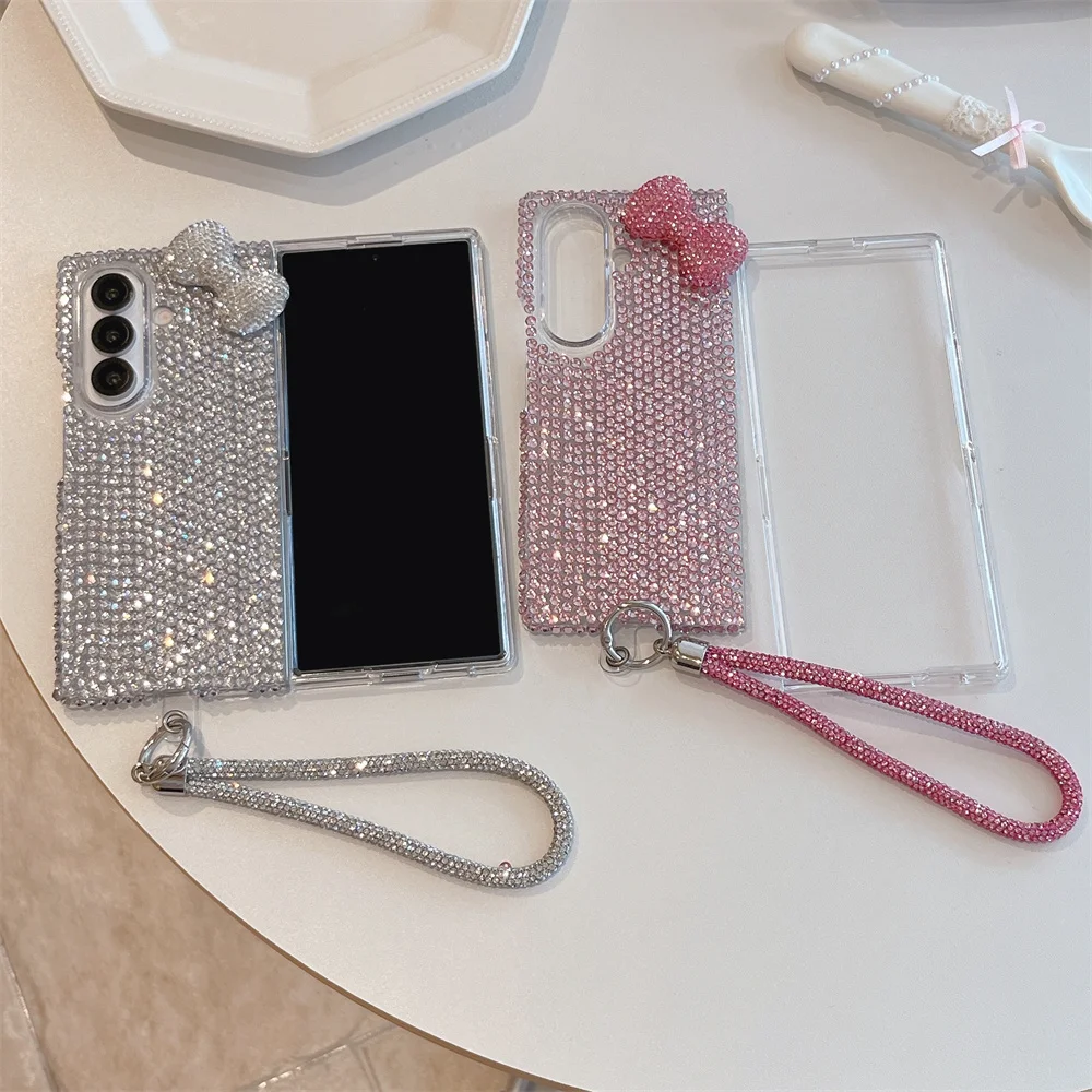 

Luxury Diamond 3D Bow Phone Case for Samsung Galaxy Z Fold 6 7 Fold 3 4 5 Fold 7 6 5 Cover with Hand Chain Cute Protective Cases