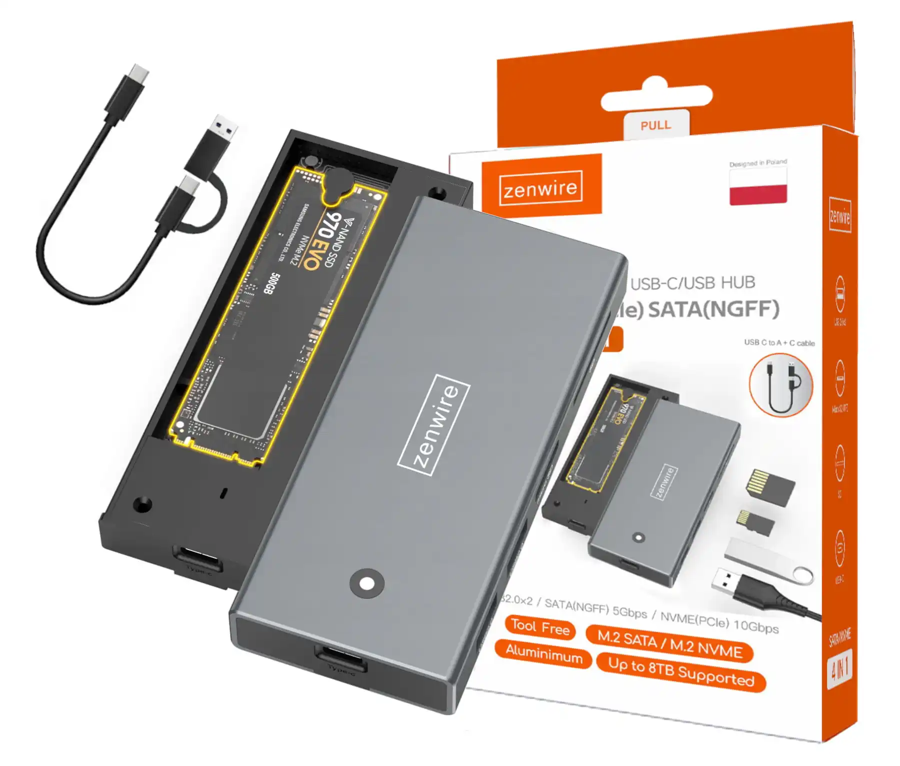HUB Pocket-behuizing SSD M2 NVME PCIE SATA Ngff USB-C TF SD-adapter M.2 10GBps Zenwire MC401