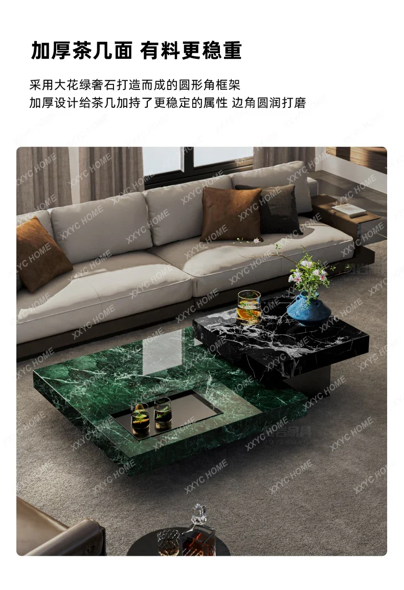 

YYNatural large flower green luxury stone coffee table household high-end suspended square coffee table combination