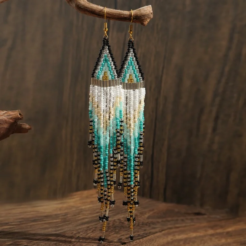 Original Design Bohemian Style Hand Woven Rice Bead Tassel Earrings Women Fashion New Long Pendant Earrings Jewelry Accessories