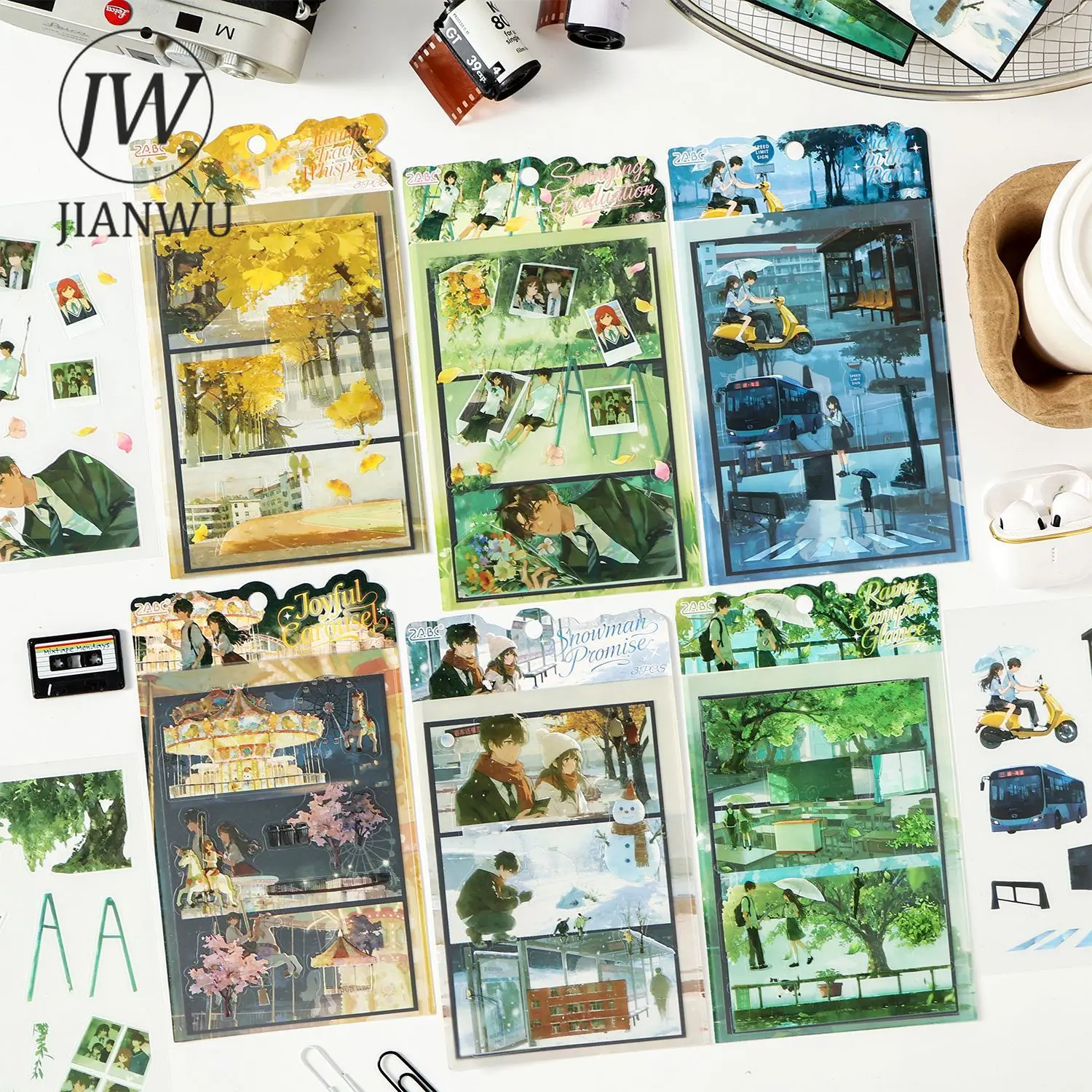 JIANWU Youth Jet Lag Series Vintage Tree Character Landscape Material Collage PET Sticker Creative DIY Journal Stationery - view 2