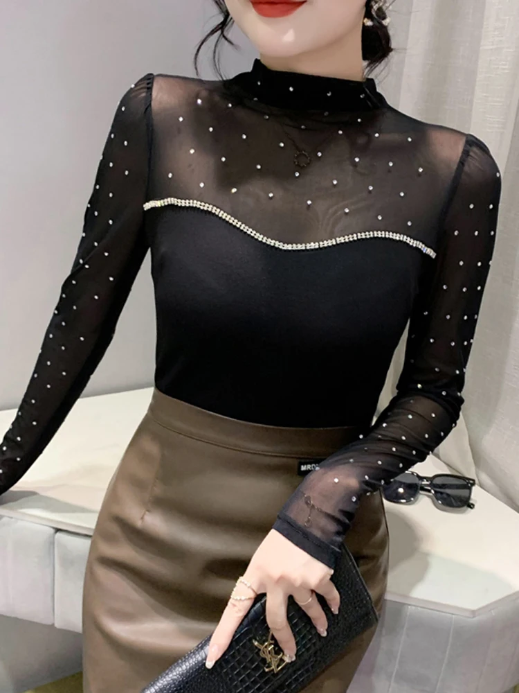 Sl Me Splice Long Sve f Top de gola alta feminino outono inverno sexy base de fosso irt strass decorado T...