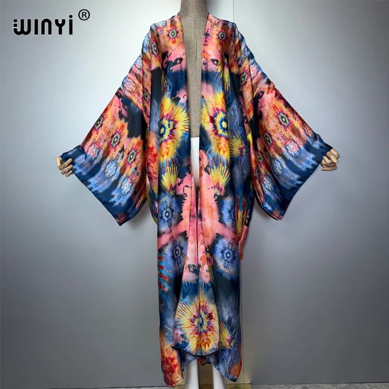 WINYI Women's Classic Pattern Print Kimono Long Bohemian Cardigan Cover-Up Stitch Casual Maxi Beach Kimono for Holiday Party