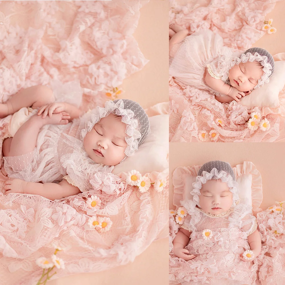 Baby Girls Clothes Lace Hat Pillow Photography Set Floral Lace Blanket Artificial Flower Decorate Props Studio Pink Photo Theme