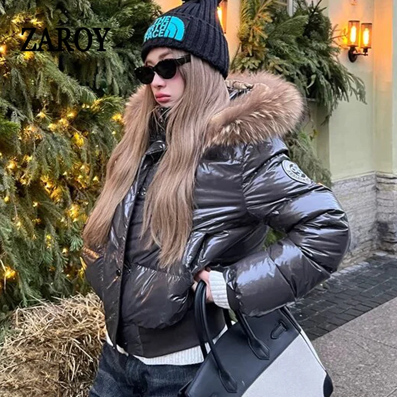 ZAROY Faux Fur Hooded Cotton Puffer Jacket Women Winter Quilted Zipper Pocket Coat Y2K Retro Padded Parkas High Street Outerwear