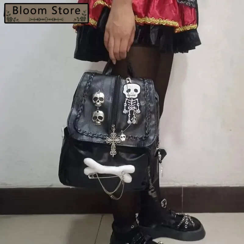 

Korean Trendy Y2k Aesthetic Sweet Cool Girls Backpacks Vintage Cross Skull Punk Bags Women Chain Tassel Casual Gothic Backpack