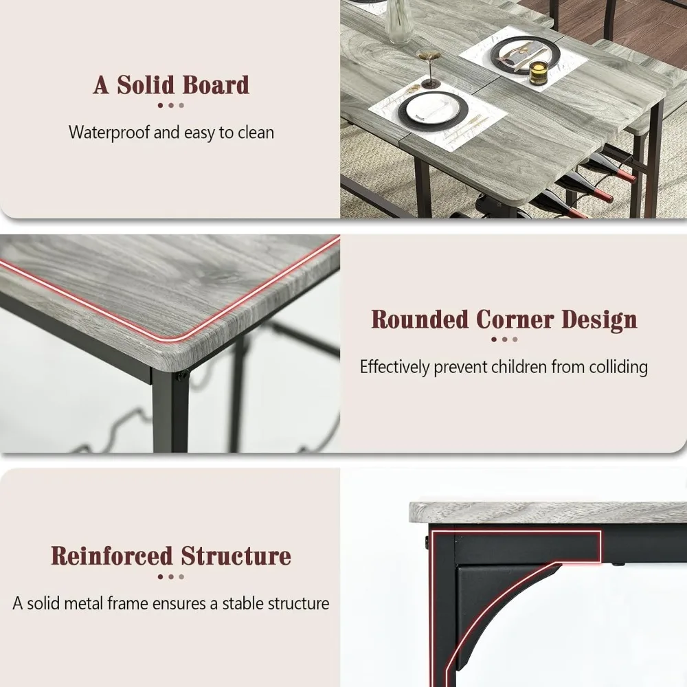 Kitchen Dining Table Set for 4 with Storage Shelf, Wine Rack, and Glass Holder, 55-inch Space-Saving Solution