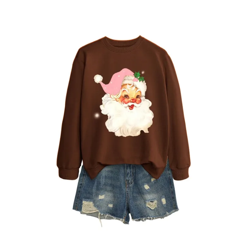 Kerstman Roze Hoed Mode Leuke Print Losse Trui Ronde Hals Sweatshirt Dames